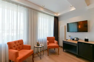 a living room with two chairs and a television at Rise Inn in Istanbul