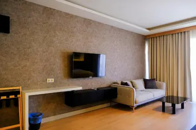 a living room with a couch and a tv on a wall at Dugi Hotel in Istanbul