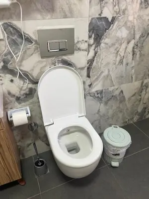 a bathroom with a white toilet in a marble wall at Taksim Millennium Alkan Residence in Istanbul