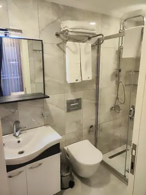a bathroom with a toilet and a sink and a shower at Hotel Esve Istanbul in Istanbul