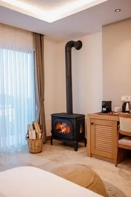 a living room with a stove in a room at VillaQua Boutique Hotel in Sile