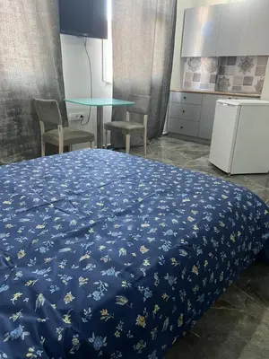 a kitchen with a bed with a blue comforter at Zerya suites in Istanbul
