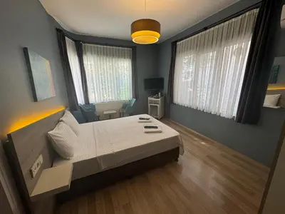 a bedroom with a large bed and two windows at Armoni City Otel Kadıköy in Istanbul