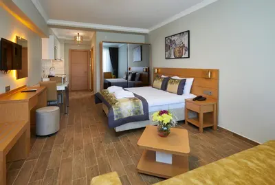 a hotel room with a bed and a living room at Hattusa Vacation Business Thermal Hotel Saray in Saray