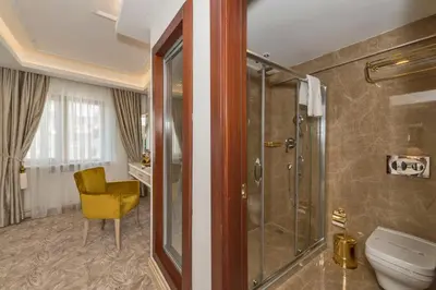 a bathroom with a shower and a toilet and a chair at Escardin hotel in Istanbul