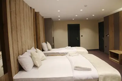 two beds in a hotel room with white pillows at Sabiha Sultan Hotel-Karakoy in Istanbul