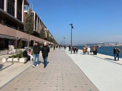 a group of people walking down a sidewalk next to the water at Central of İstanbul near to so many historic place in Istanbul