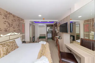 a hotel room with a bed and a flat screen tv at Raimond Hotel in Istanbul