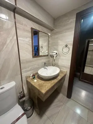 a bathroom with a sink and a toilet and a mirror at Atlantik Butik Hotel in Tekirdag