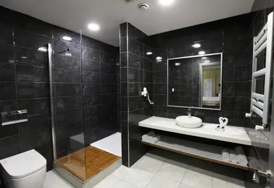 a bathroom with a shower and a sink and a toilet at N&D&D Hotel in Nilüfer