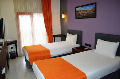 a hotel room with two beds and a tv at N&D&D Hotel in Nilüfer