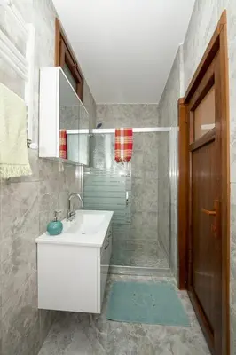 a bathroom with a sink and a shower at Historical Levantine Flat @Heart of Taksim in Istanbul