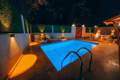 a swimming pool in a backyard at night at Alphan House in Sapanca