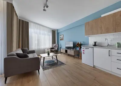 a kitchen and living room with a couch and a table at Allegro Apartments Kadıköy in Istanbul