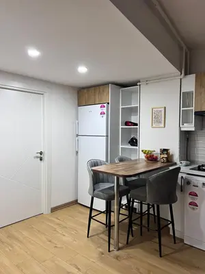 a kitchen with a table and chairs and a refrigerator at Allegro Apartments Kadıköy in Istanbul