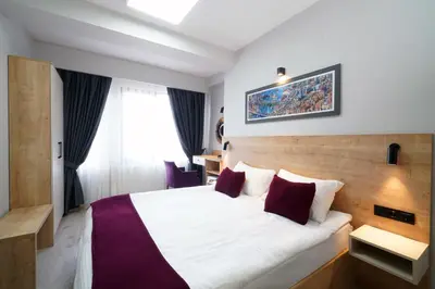 a hotel room with a white bed with purple pillows at Meet İstanbul Hotel Kadikoy in Istanbul