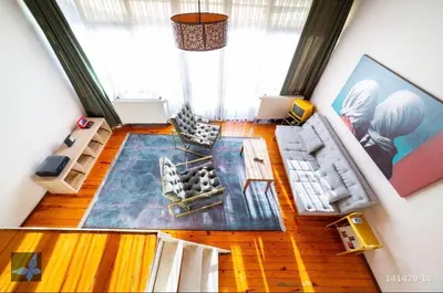 an overhead view of a living room with furniture at Taksim FunHouse in Istanbul