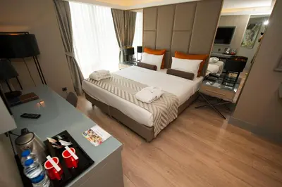 a hotel room with a bed and a desk at Manesol Old City Bosphorus in Istanbul