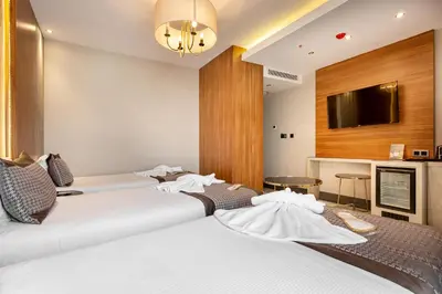 two beds in a hotel room with a tv at Santra Hotel in Istanbul