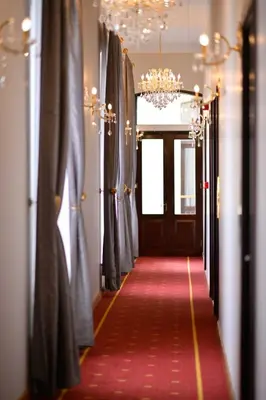 a hallway with a red carpet and a chandelier at Ring Stone Hotels Old City - Special Class in Istanbul