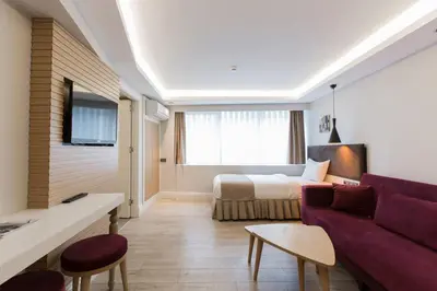 a living room with a purple couch and a bed at Carina Park Suites Nisantasi in Istanbul