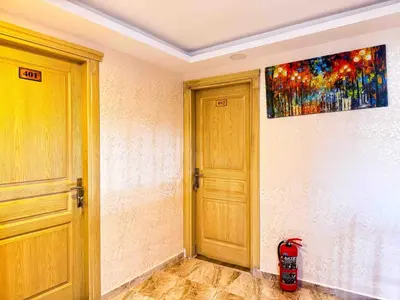 a room with two doors and a painting on the wall at Öz Dünya Hotel in Istanbul