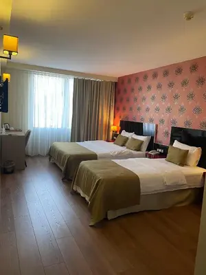 a hotel room with two beds and a window at Era Palace Hotel in Istanbul