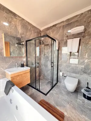 a bathroom with a shower and a toilet and a sink at Mamma Marya Hotel in Istanbul