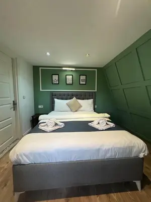 a bedroom with a large bed with green walls at Veva Homes in Istanbul