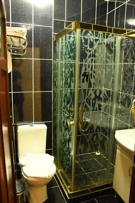 a bathroom with a toilet and a glass shower at Californiacityhotel in Istanbul