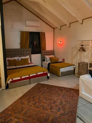 a bedroom with two beds and a rug at BungalovCity in Sapanca