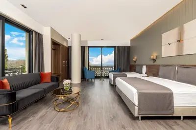 a hotel room with two beds and a couch at Ezkar Bathonea Art İstanbul Hotel in Avcılar
