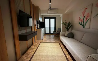a living room with a couch and a television at Shiboo Suite Otel in Gebze