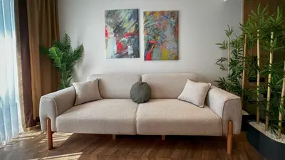 a couch in a living room with paintings on the wall at Shiboo Suite Otel in Gebze