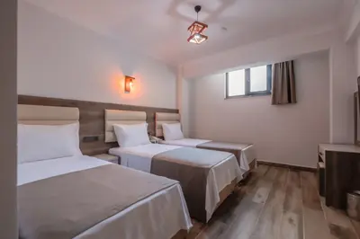 a hotel room with two beds and a television at Avsa Artemis Hotel in Avsa Adasi