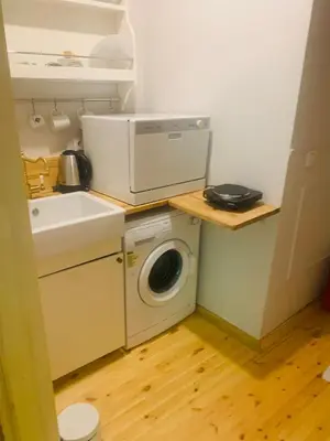 a small kitchen with a washing machine and a sink at Balat Tarih dokulu Pink Home 2 in Istanbul