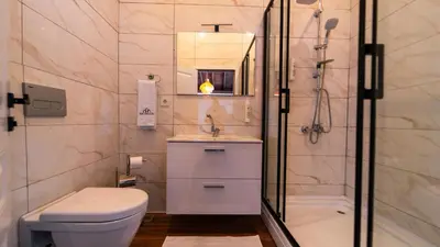 a bathroom with a shower and a toilet and a sink at Trio Palazio Sapanca in Sapanca