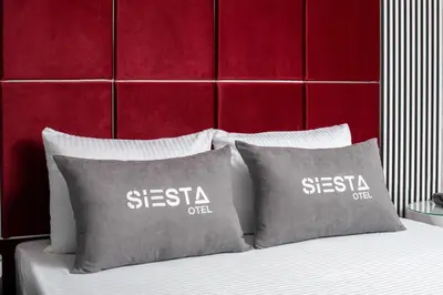 a bed with two pillows in front of a red wall at Siesta Hotel Bakırköy in Istanbul