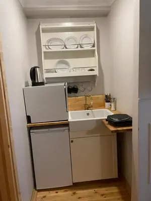 a kitchen with a sink and a white refrigerator at Fatih Balatta Pink Home 3 in Istanbul