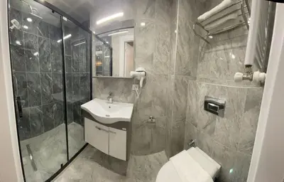 a bathroom with a toilet and a sink and a shower at Fabesco Suite in Istanbul