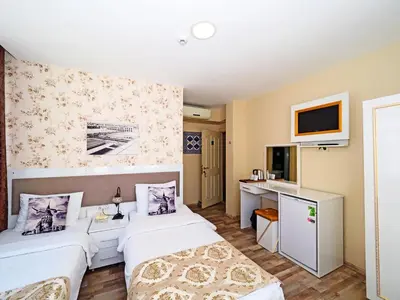 a hotel room with two beds and a tv at Nagehan Hotel Old City in Istanbul