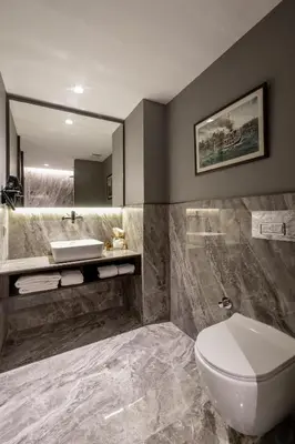 a bathroom with a toilet and a sink and a mirror at Noble Pangaltı in Istanbul