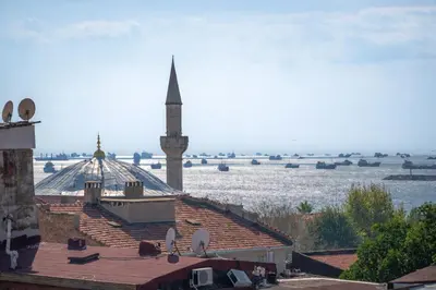 a view of a mosque with a view of the water at Konak Grand Bella Sultanahmet in Istanbul