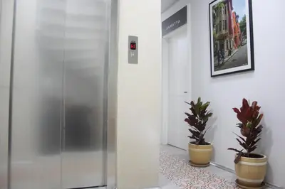 an elevator in a hallway with two potted plants at TownHouse Istanbul in Istanbul
