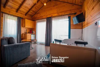 a living room with a couch and two windows at Sapanca Göldibi Suit Bungalov in Sakarya