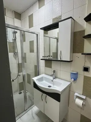 a bathroom with a sink and a shower at Moon suit in Istanbul