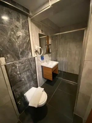 a bathroom with a toilet and a sink at Green Palmiye Hotel in Avcılar