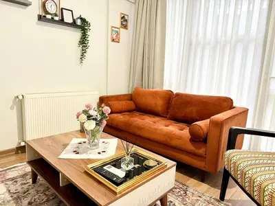 a living room with a brown couch and a coffee table at Modern Furnished Historical House in Istanbul