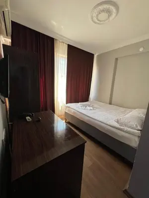 a bedroom with a bed and a desk and a television at Falay Hotel Yavuz in Istanbul