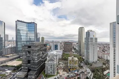 an aerial view of a city with tall buildings at Elegant 1BD Terrace Gem PoolParking! #344 in Istanbul